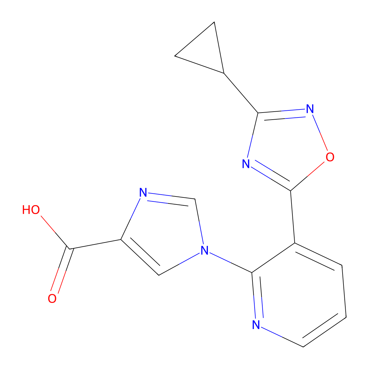 1-[3-(3-cyclopropyl-1,2,4-oxadiazol-5-yl)pyridin-2-yl]-1H-imidazole-4-carboxylic acid molecular structure, CAS 1338665-70-5