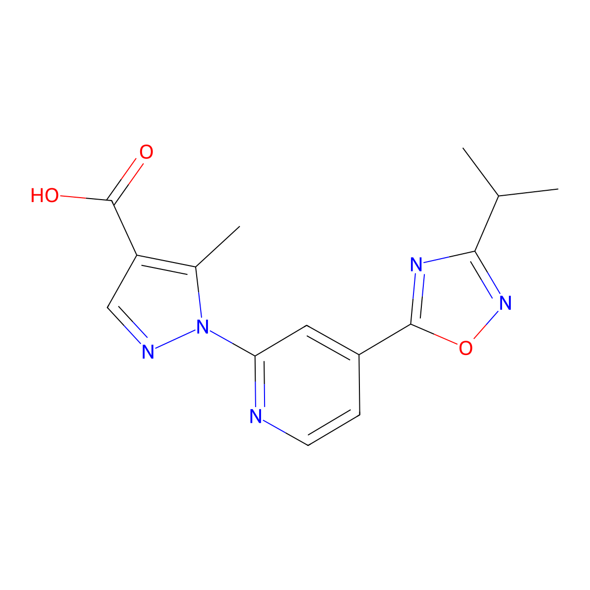 1-[4-(3-isopropyl-1,2,4-oxadiazol-5-yl)pyridin-2-yl]-5-methyl-1H-pyrazole-4-carboxylic acid molecular structure, CAS 1338682-99-7