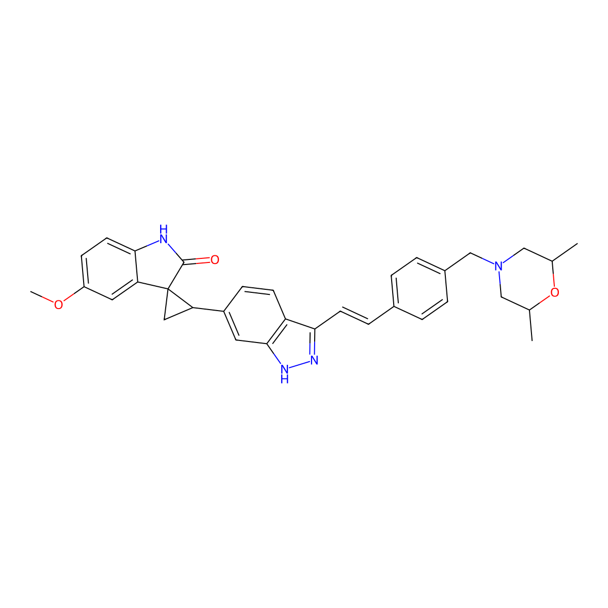 (2'S,3R)-2'-[3-[2-[4-[[(2S,6R)-2,6-dimethylmorpholin-4-yl]methyl]phenyl]ethenyl]-1H-indazol-6-yl]-5-methoxyspiro[1H-indole-3,1'-cyclopropane]-2-one molecular structure, CAS 1338806-76-0