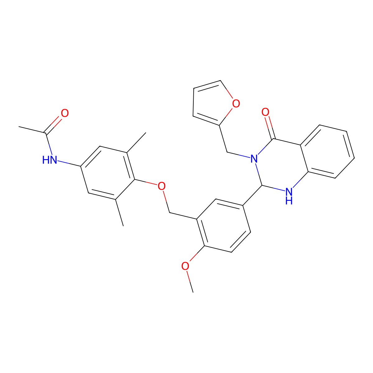 N-[4-[[5-[3-(2-furanylmethyl)-4-oxo-1,2-dihydroquinazolin-2-yl]-2-methoxyphenyl]methoxy]-3,5-dimethylphenyl]acetamide molecular structure, CAS 1338824-21-7
