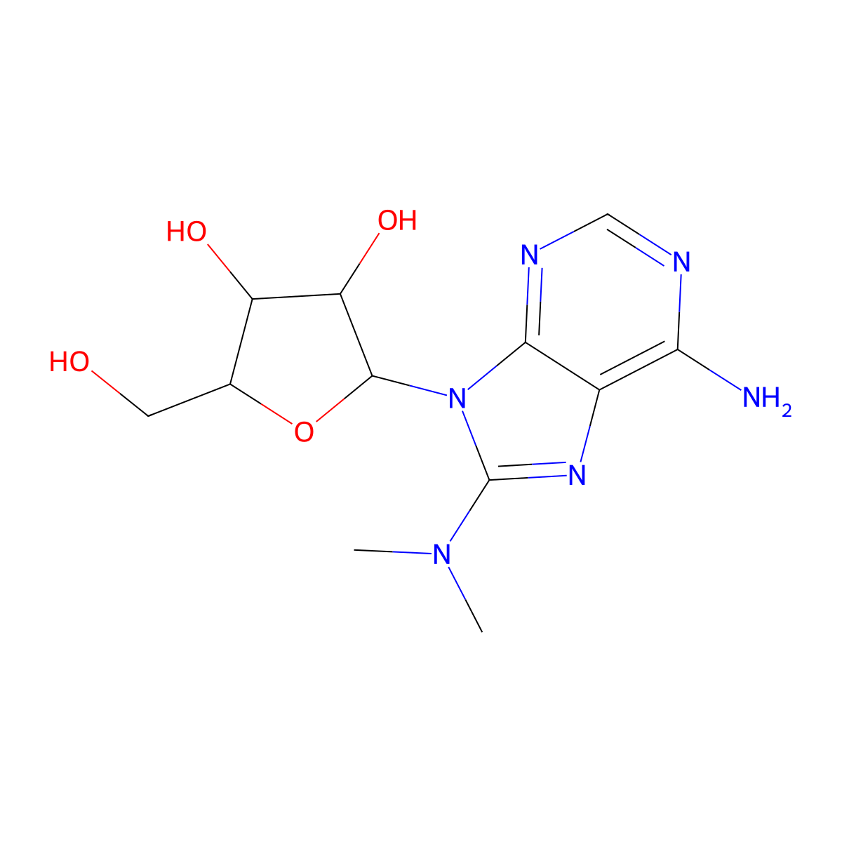 9H-Purine, 6-amino-8-(dimethylamino)-9-beta-D-ribofuranosyl- molecular structure, CAS 13389-15-6