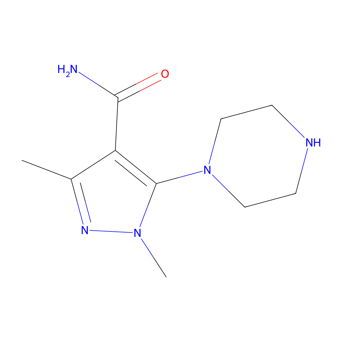 1,3-Dimethyl-5-(piperazin-1-yl)-1H-pyrazole-4-carboxamide molecular structure, CAS 1338996-72-7