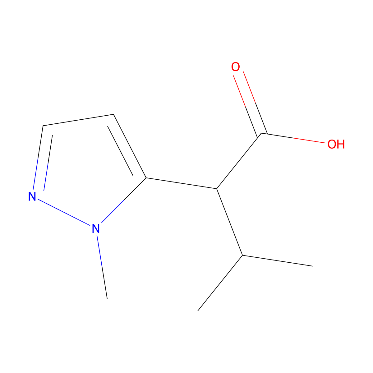 3-methyl-2-(1-methyl-1H-pyrazol-5-yl)butanoic acid molecular structure, CAS 1339421-38-3
