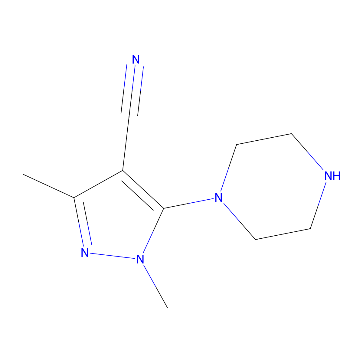 1,3-dimethyl-5-(piperazin-1-yl)-1H-pyrazole-4-carbonitrile molecular structure, CAS 1339479-03-6