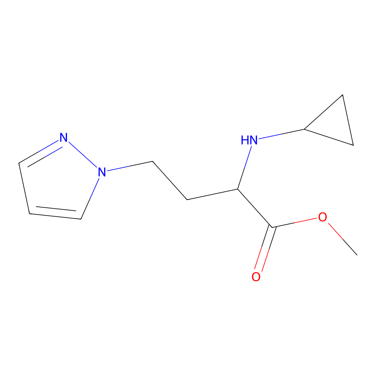 Methyl 2-(cyclopropylamino)-4-(1h-pyrazol-1-yl)butanoate molecular structure, CAS 1339510-48-3