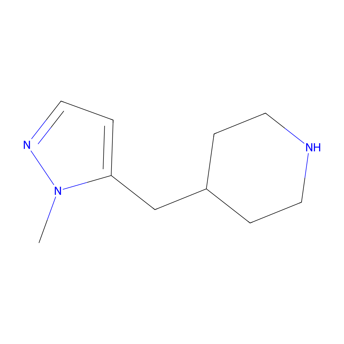 4-((1-methyl-1H-pyrazol-5-yl)methyl)piperidine molecular structure, CAS 1339615-47-2