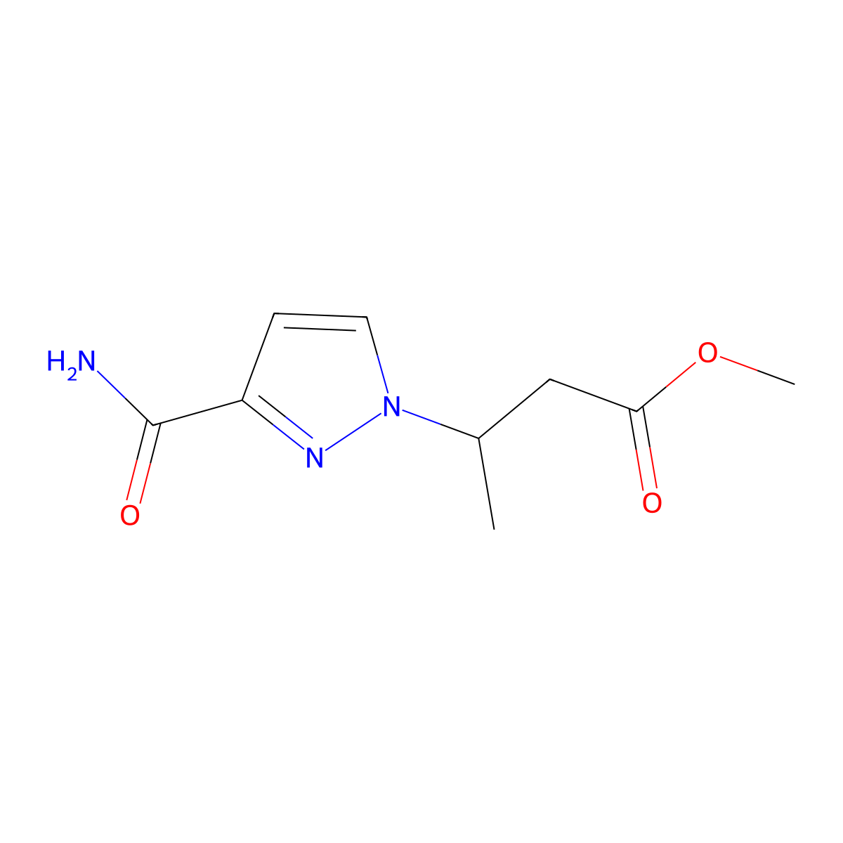 Methyl 3-[3-(aminocarbonyl)-1H-pyrazol-1-yl]butanoate molecular structure, CAS 1339823-60-7