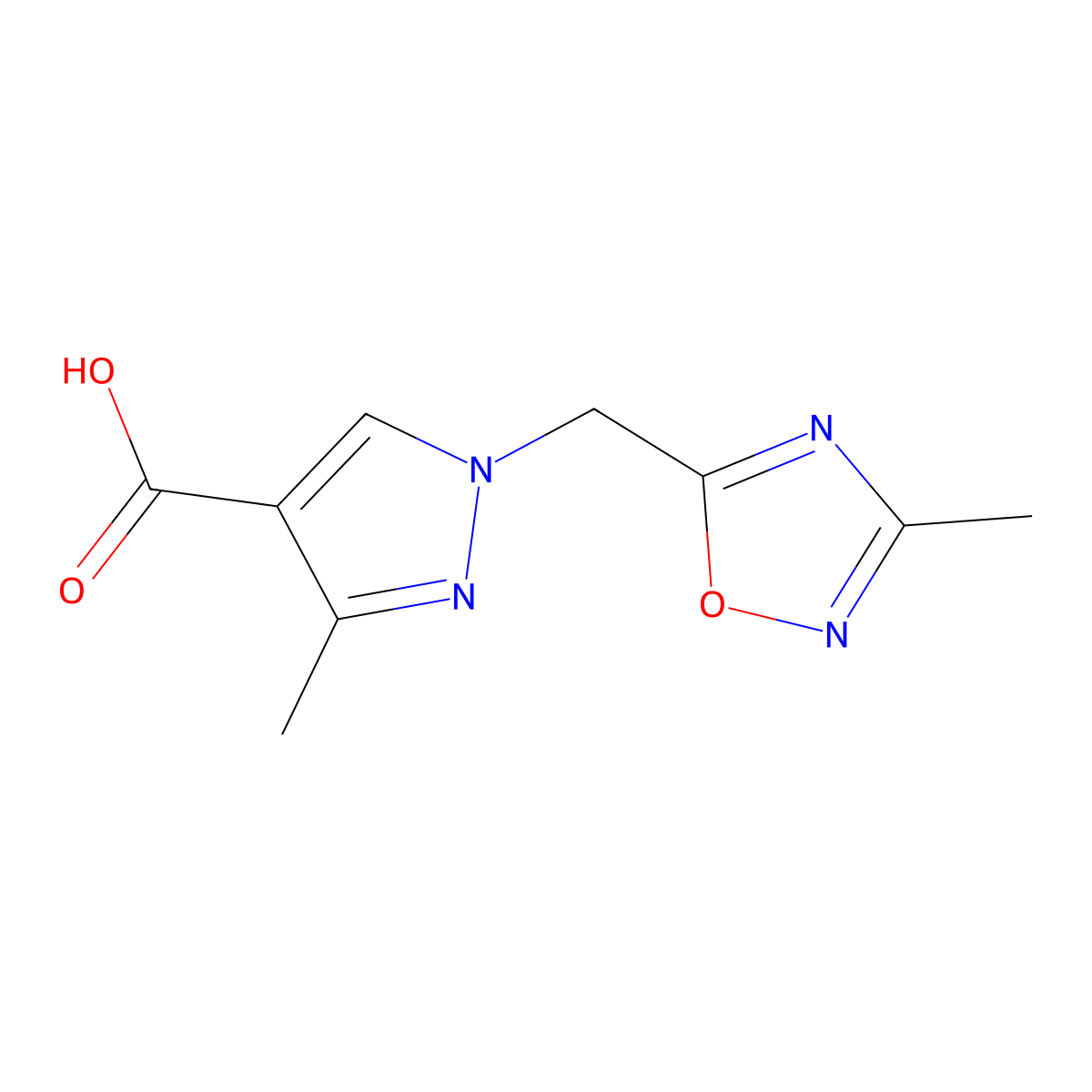 3-Methyl-1-[(3-methyl-1,2,4-oxadiazol-5-yl)methyl]-1H-pyrazole-4-carboxylic acid molecular structure, CAS 1339895-44-1