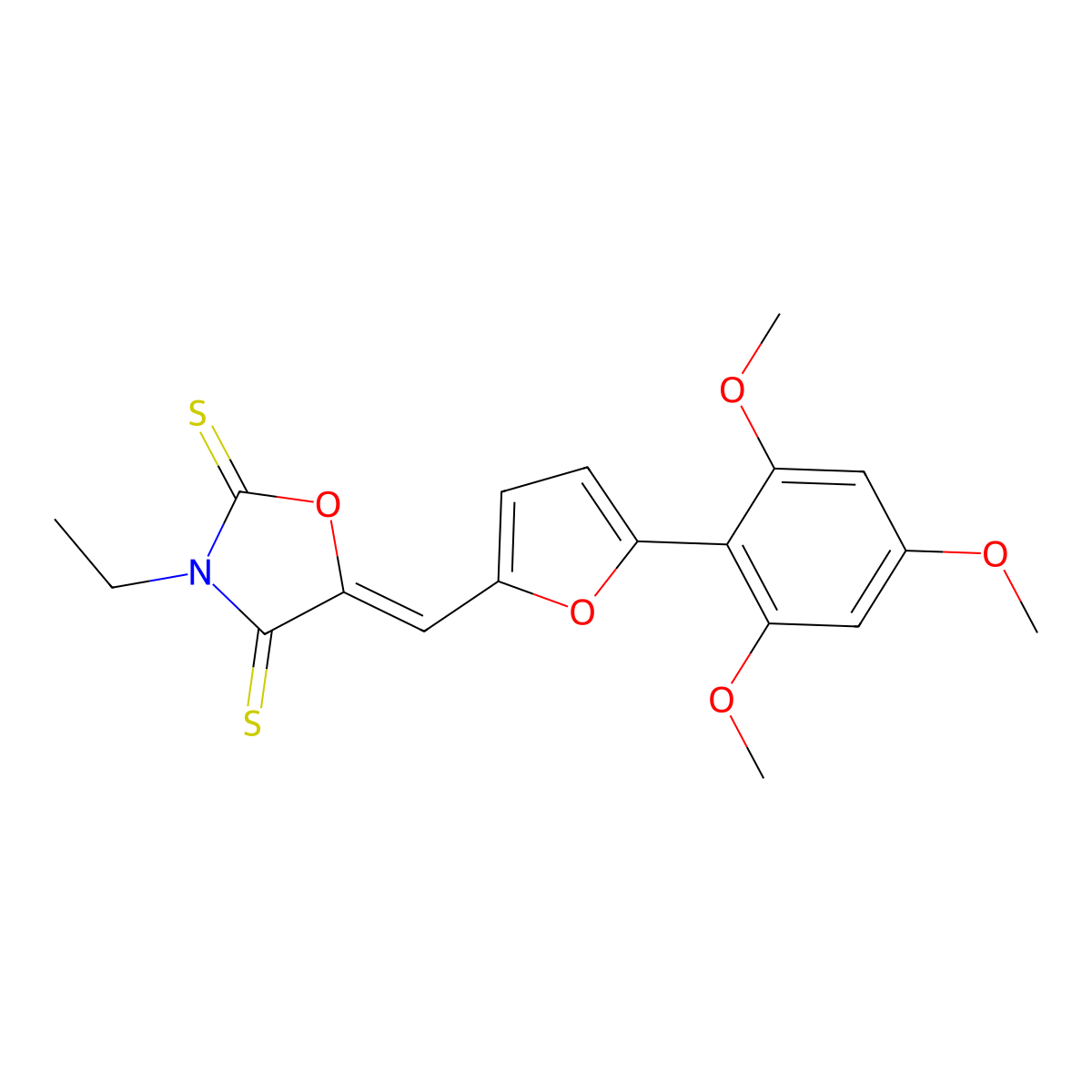 (5Z)-3-ethyl-5-[[5-(2,4,6-trimethoxyphenyl)furan-2-yl]methylidene]-1,3-oxazolidine-2,4-dithione molecular structure, CAS 1339917-72-4