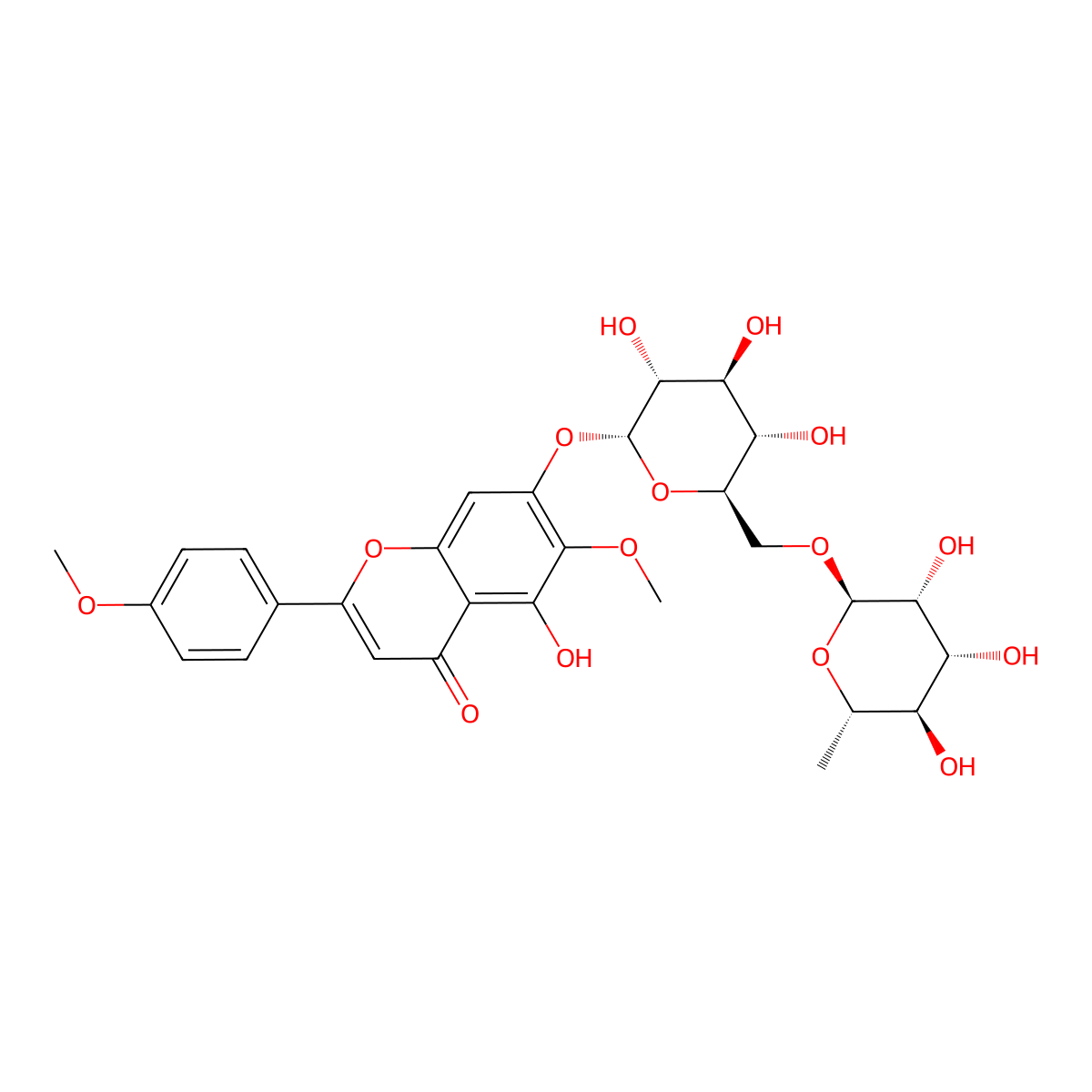5-hydroxy-6-methoxy-2-(4-methoxyphenyl)-7-[[(2R,3R,4S,5S,6R)-3,4,5-trihydroxy-6-[[(2R,3R,4R,5R,6S)-3,4,5-trihydroxy-6-methyl-2-oxanyl]oxymethyl]-2-oxanyl]oxy]-1-benzopyran-4-one molecular structure, CAS 134-33-8