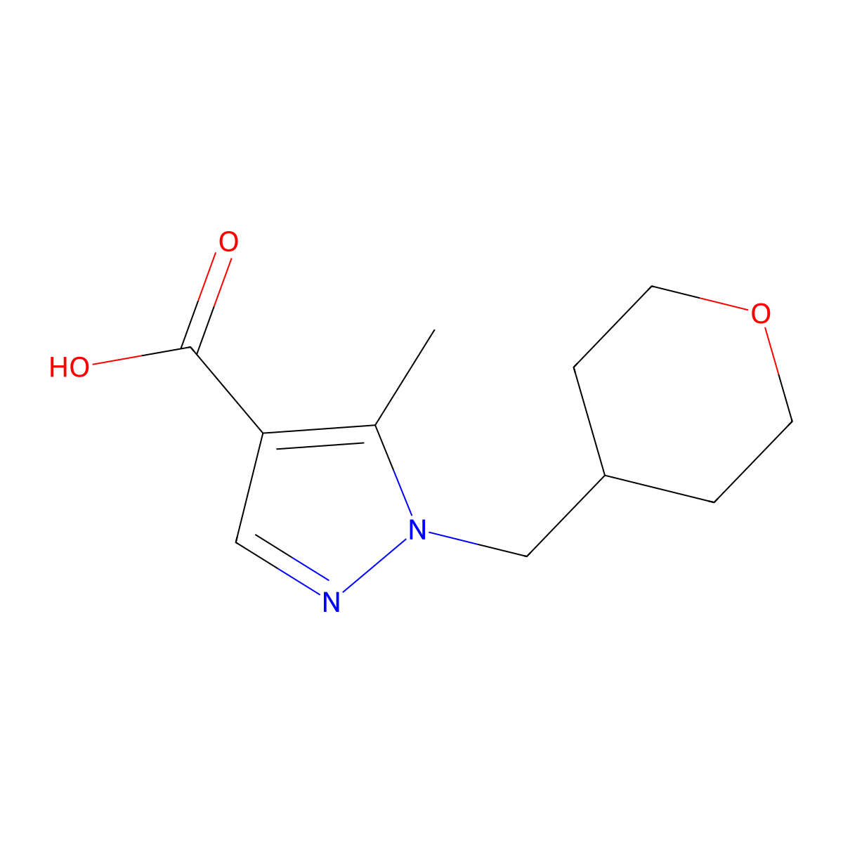 5-methyl-1-((oxan-4-yl)methyl)-1H-pyrazole-4-carboxylic acid molecular structure, CAS 1340093-64-2