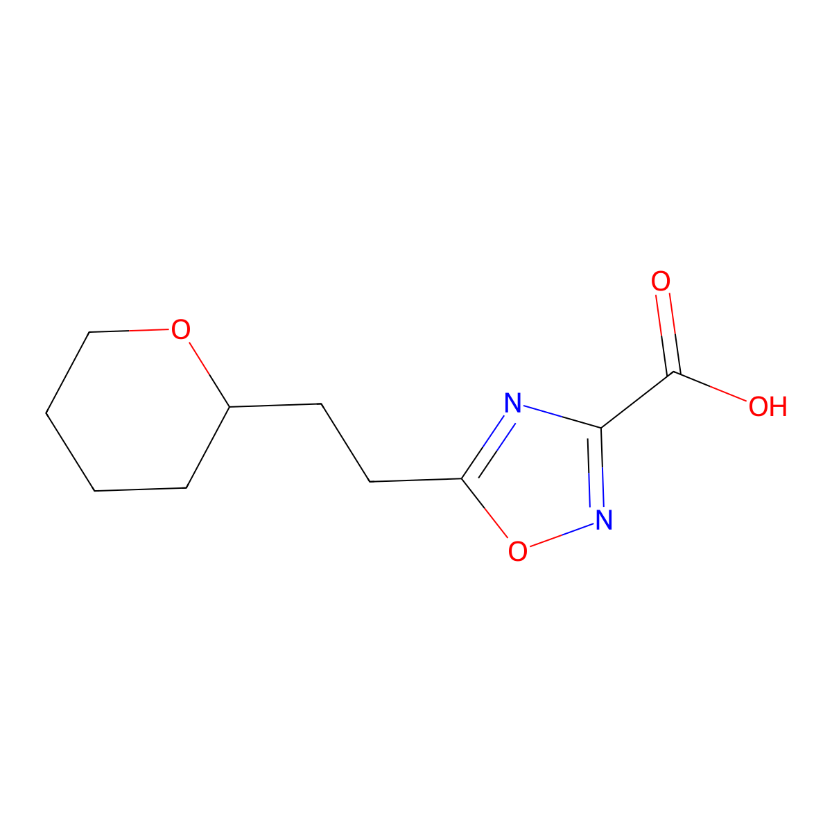 5-(2-(Tetrahydro-2h-pyran-2-yl)ethyl)-1,2,4-oxadiazole-3-carboxylic acid molecular structure, CAS 1340227-17-9
