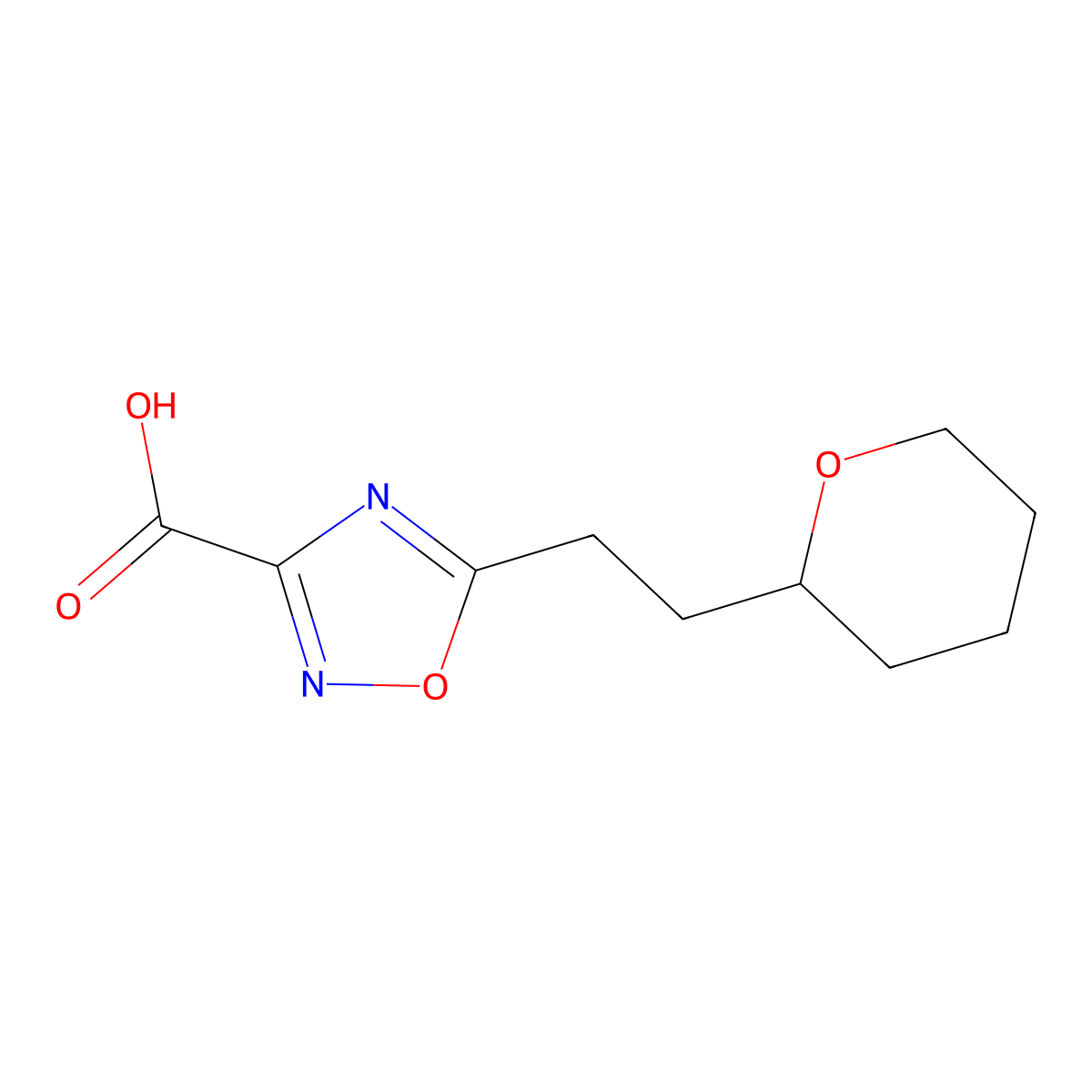 5-(2-(Tetrahydro-2h-pyran-2-yl)ethyl)-1,2,4-oxadiazole-3-carboxylic acid molecular structure, CAS 1340227-17-9
