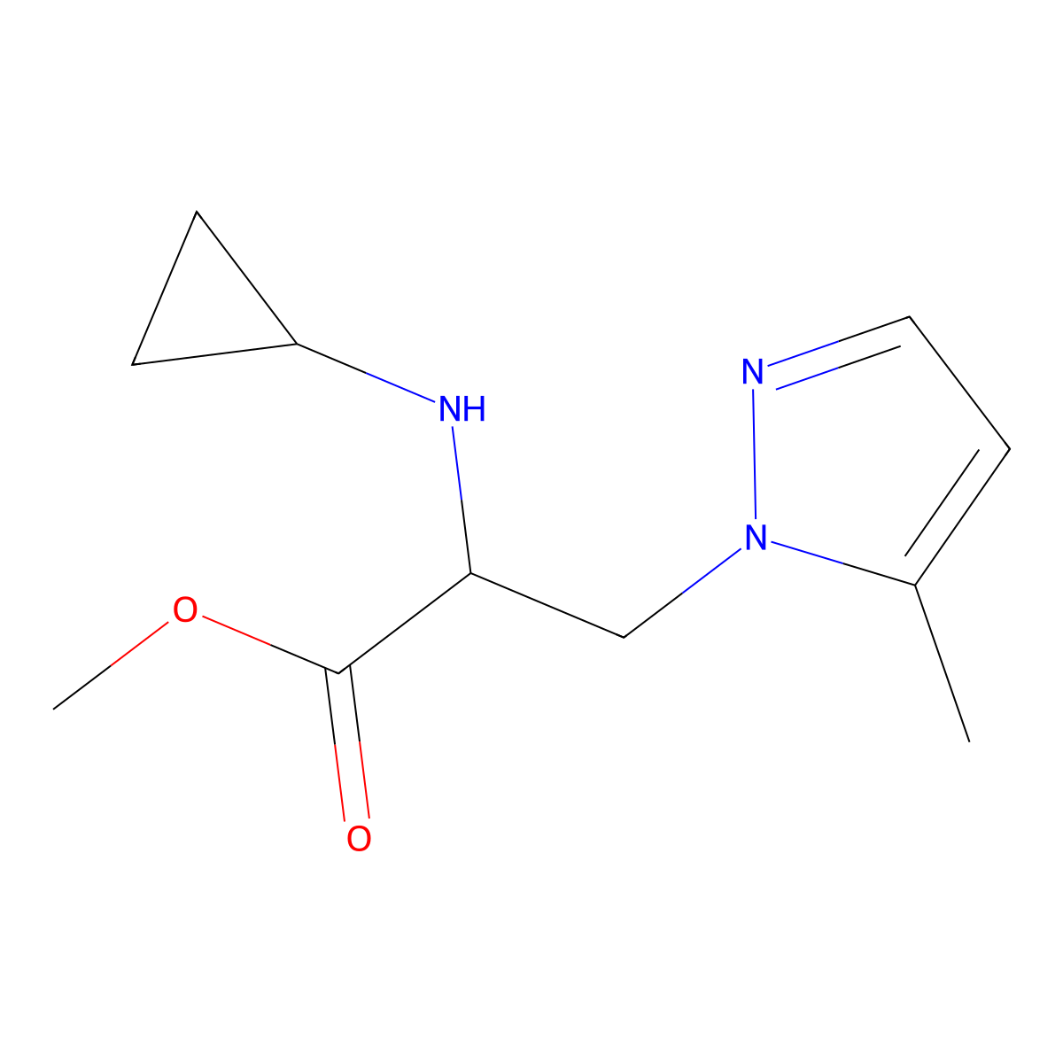 Methyl 2-(cyclopropylamino)-3-(5-methyl-1h-pyrazol-1-yl)propanoate molecular structure, CAS 1340240-13-2