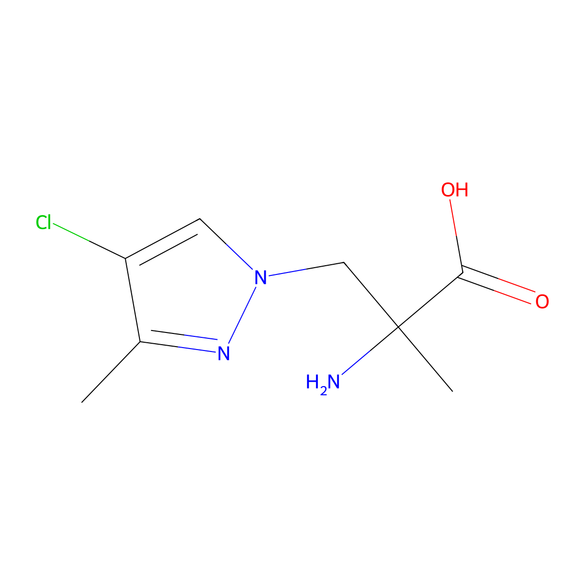2-amino-3-(4-chloro-3-methyl-1H-pyrazol-1-yl)-2-methylpropanoic acid molecular structure, CAS 1340262-31-8