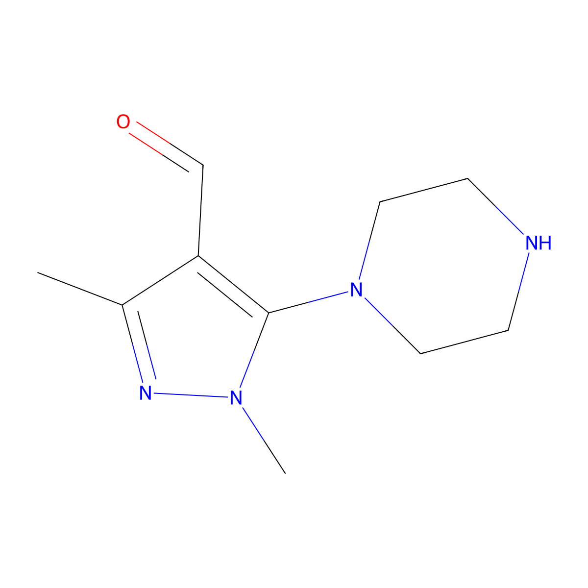 1,3-Dimethyl-5-(piperazin-1-yl)-1H-pyrazole-4-carbaldehyde molecular structure, CAS 1340405-11-9