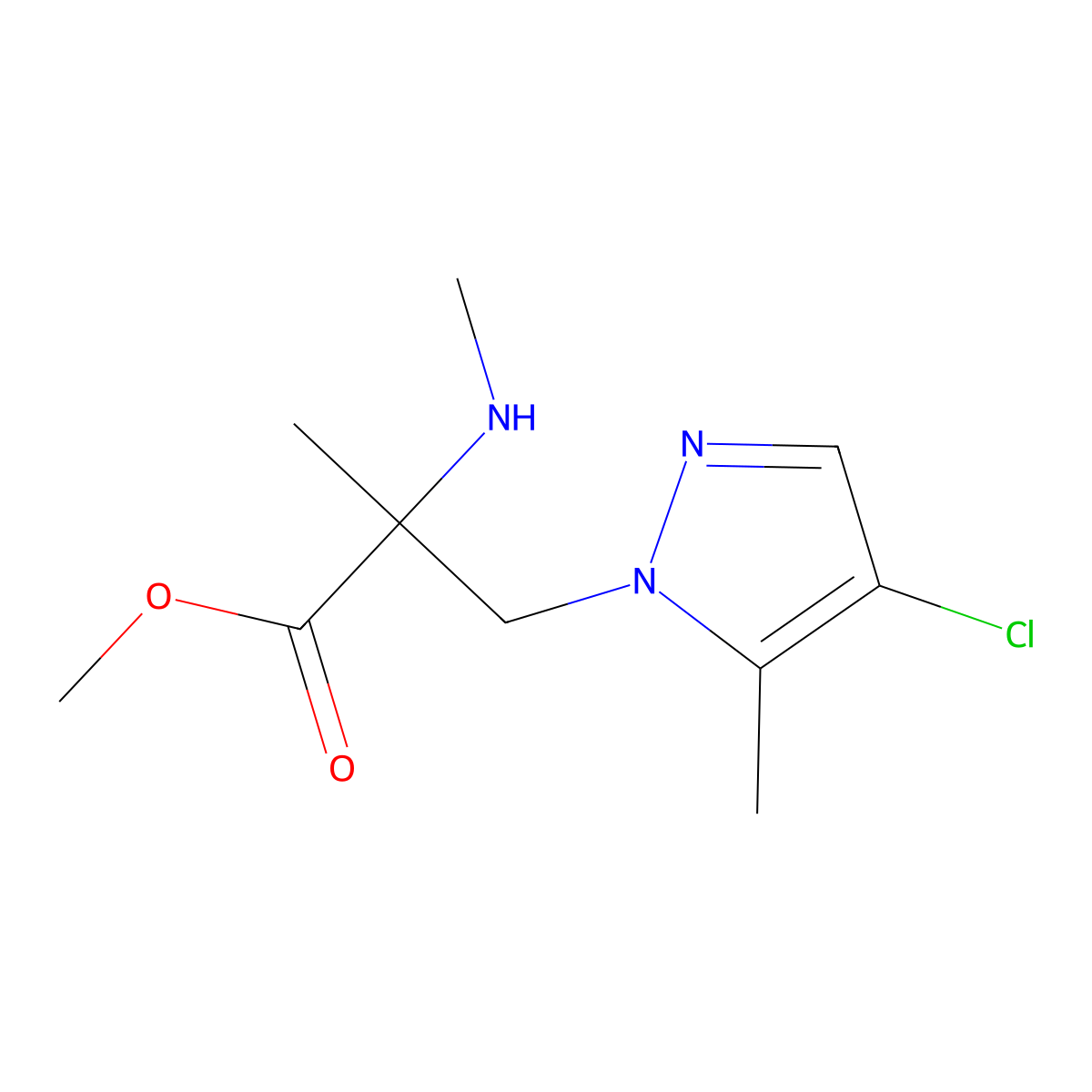 Methyl 3-(4-chloro-5-methyl-1h-pyrazol-1-yl)-2-methyl-2-(methylamino)propanoate molecular structure, CAS 1340440-10-9