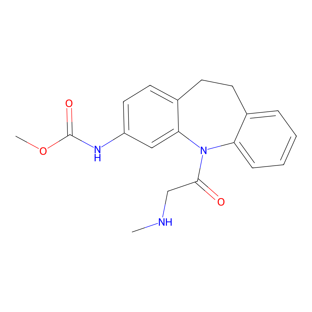 Carbamic acid, (10,11-dihydro-5-((methylamino)acetyl)-5H-dibenz(b,f)azepin-3-yl)-, methyl ester molecular structure, CAS 134068-28-3