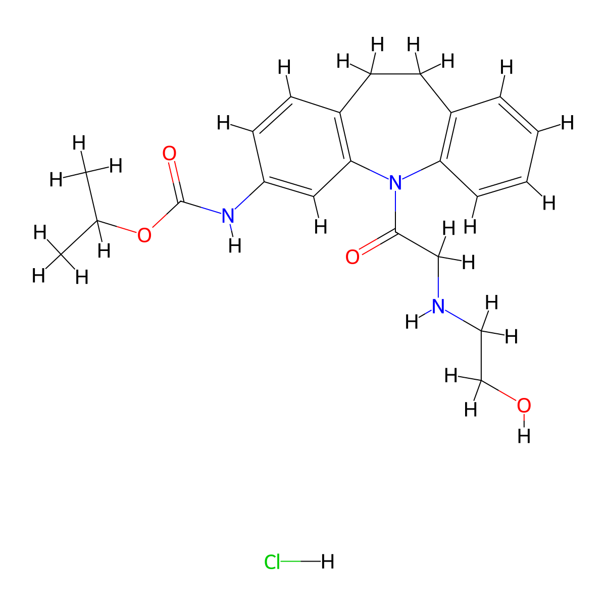 Carbamic acid, (10,11-dihydro-5-(((2-hydroxyethyl)amino)acetyl)-5H-dibenz(b,f)azepin-3-yl)-, 1-methylethyl ester, monohydrochloride molecular structure, CAS 134068-40-9