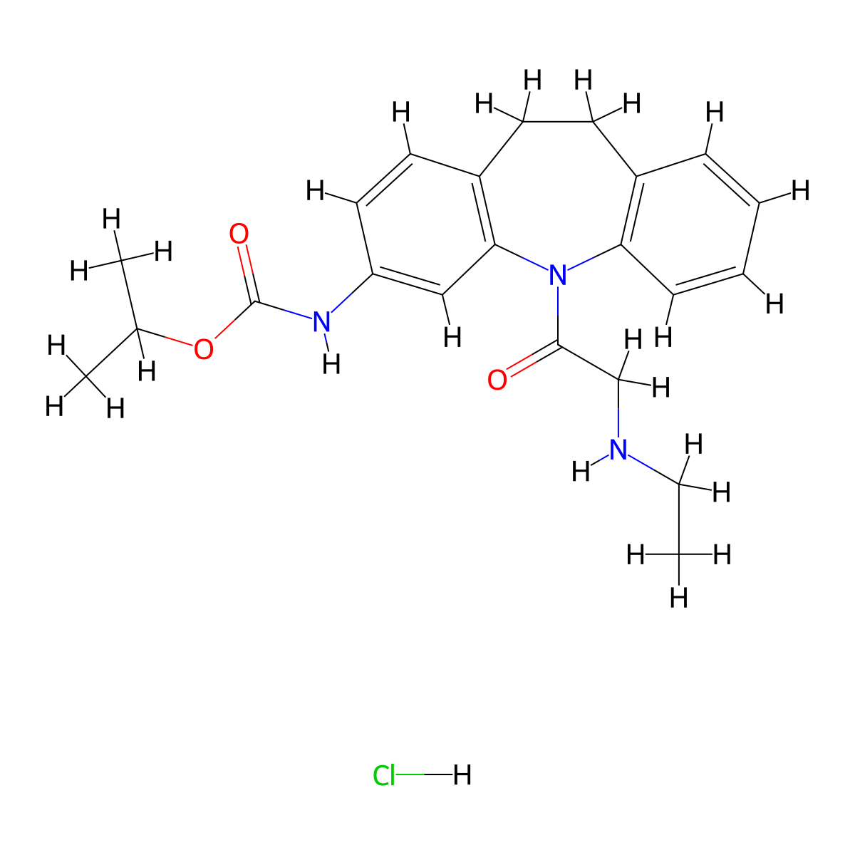 Carbamic acid, (5-((ethylamino)acetyl)-10,11-dihydro-5H-dibenz(b,f)azepin-3-yl)-, 1-methylethyl ester, monohydrochloride molecular structure, CAS 134068-41-0