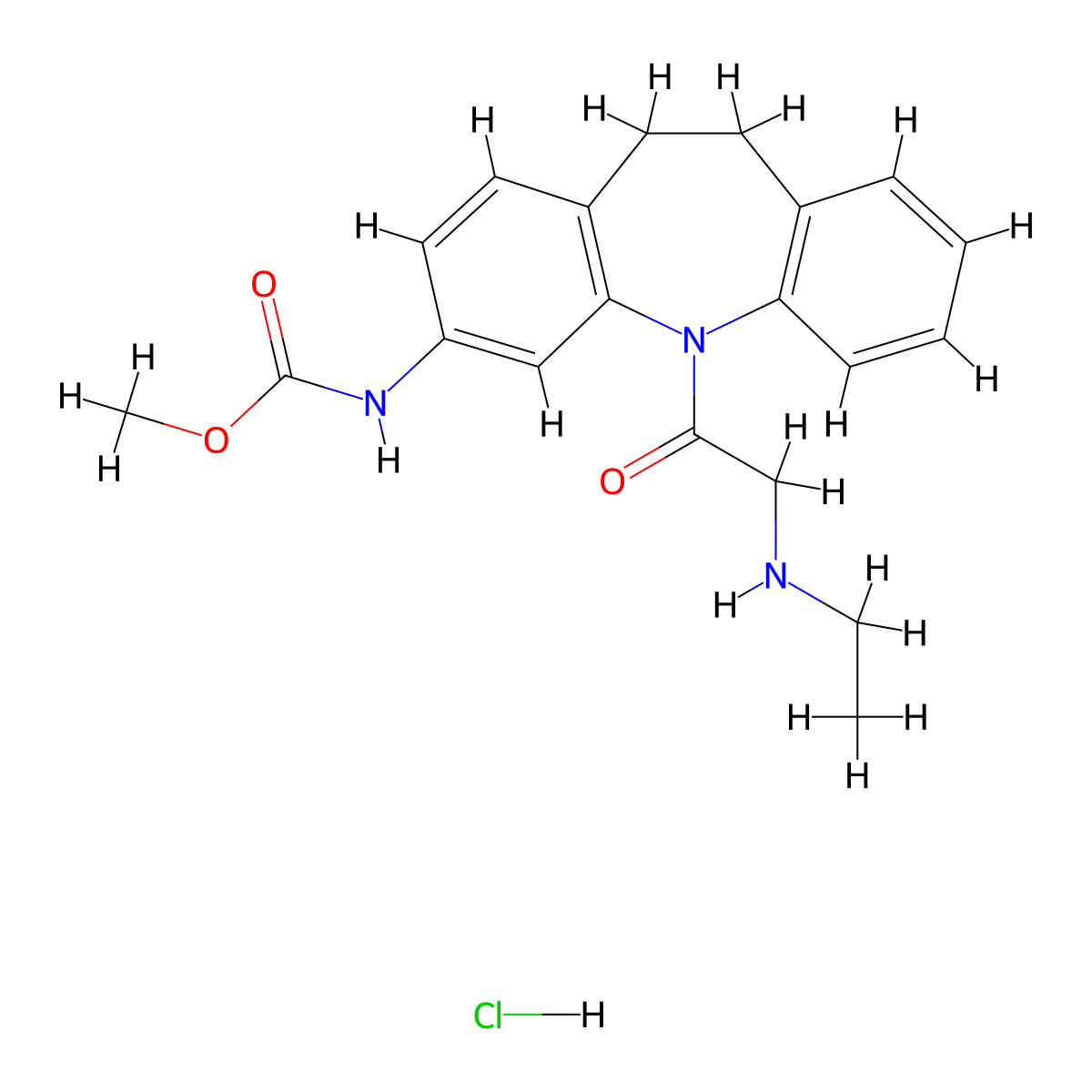 Carbamic acid, (5-((ethylamino)acetyl)-10,11-dihydro-5H-dibenz(b,f)azepin-3-yl)-, methyl ester, monohydrochloride molecular structure, CAS 134068-45-4