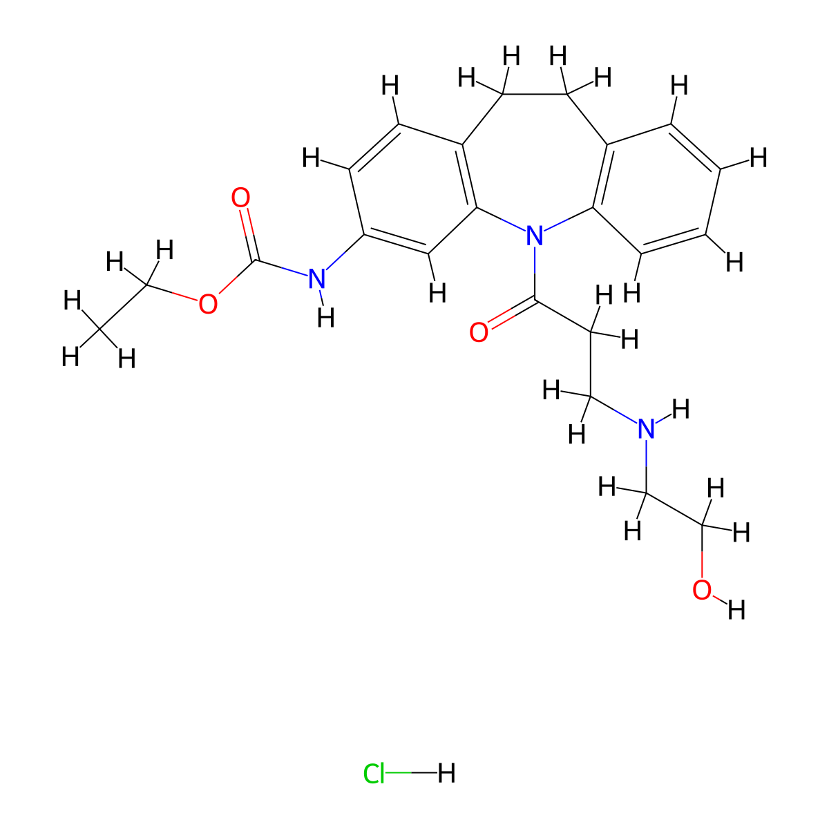 Carbamic acid, (10,11-dihydro-5-(3-((2-hydroxyethyl)amino)-1-oxopropyl)-5H-dibenz(b,f)azepin-3-yl)-, ethyl ester, monohydrochloride molecular structure, CAS 134068-46-5