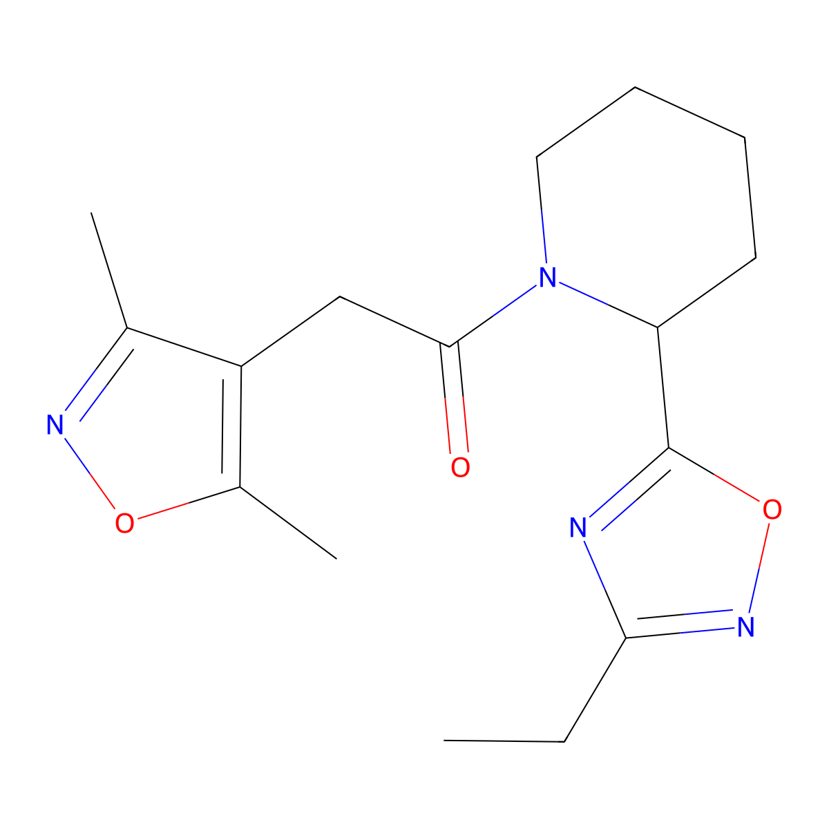 2-(3,5-Dimethylisoxazol-4-yl)-1-(2-(3-ethyl-1,2,4-oxadiazol-5-yl)piperidin-1-yl)ethan-1-one molecular structure, CAS 1340790-77-3