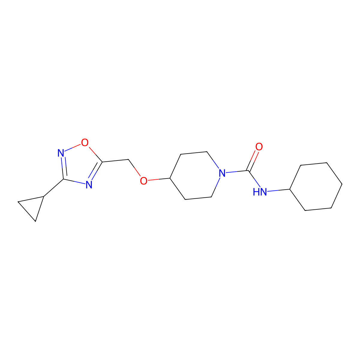 N-cyclohexyl-4-[(3-cyclopropyl-1,2,4-oxadiazol-5-yl)methoxy]tetrahydro-1(2H)-pyridinecarboxamide molecular structure, CAS 1340851-97-9