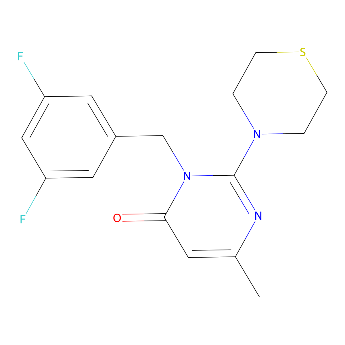 3-[(3,5-Difluorophenyl)methyl]-6-methyl-2-(thiomorpholin-4-yl)-3,4-dihydropyrimidin-4-one molecular structure, CAS 1340897-14-4