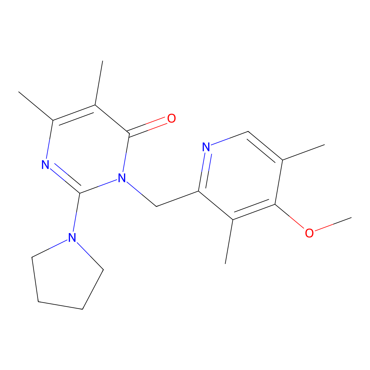 3-[(4-methoxy-3,5-dimethyl-2-pyridyl)methyl]-5,6-dimethyl-2-(1-pyrrolidinyl)-4(3H)-pyrimidinone molecular structure, CAS 1340911-45-6
