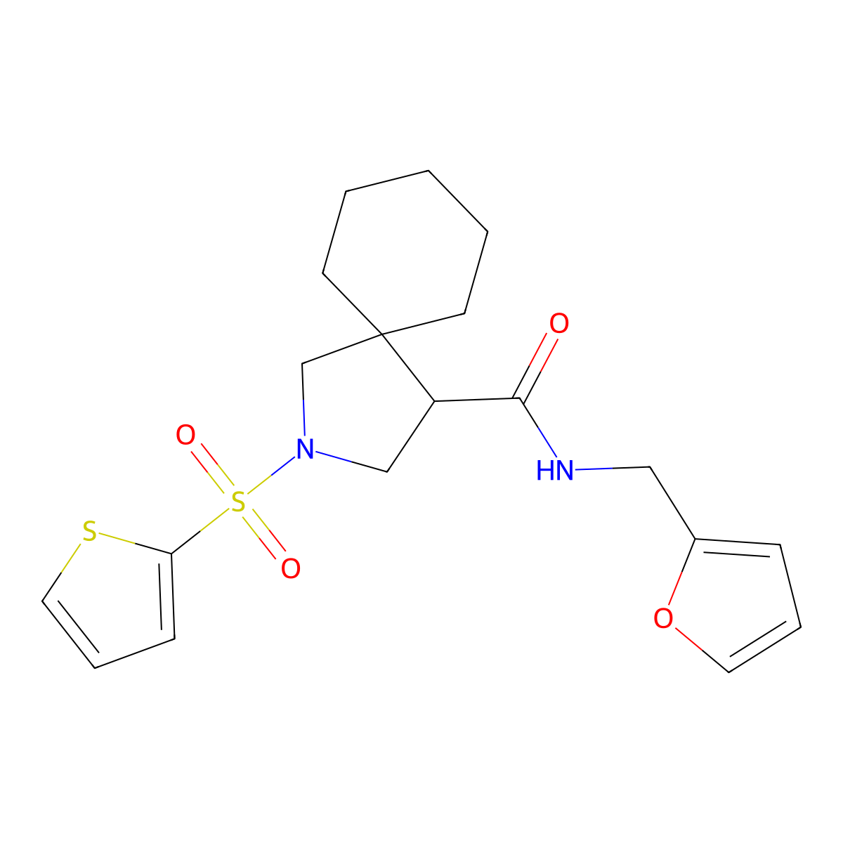 N-(Furan-2-ylmethyl)-2-(thiophen-2-ylsulfonyl)-2-azaspiro[4.5]decane-4-carboxamide molecular structure, CAS 1340929-51-2