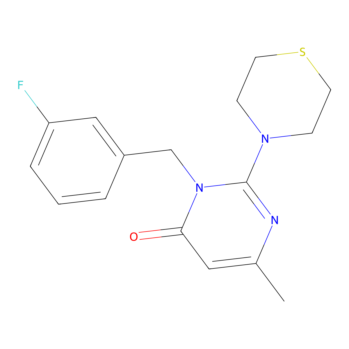 3-[(3-Fluorophenyl)methyl]-6-methyl-2-(thiomorpholin-4-yl)-3,4-dihydropyrimidin-4-one molecular structure, CAS 1340966-11-1