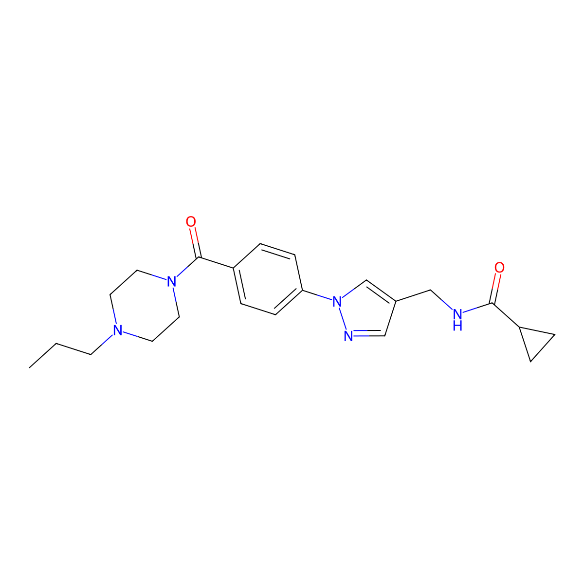 N-[(1-{4-[(4-propylpiperazino)carbonyl]phenyl}-1H-pyrazol-4-yl)methyl]-1-cyclopropanecarboxamide molecular structure, CAS 1340970-33-3