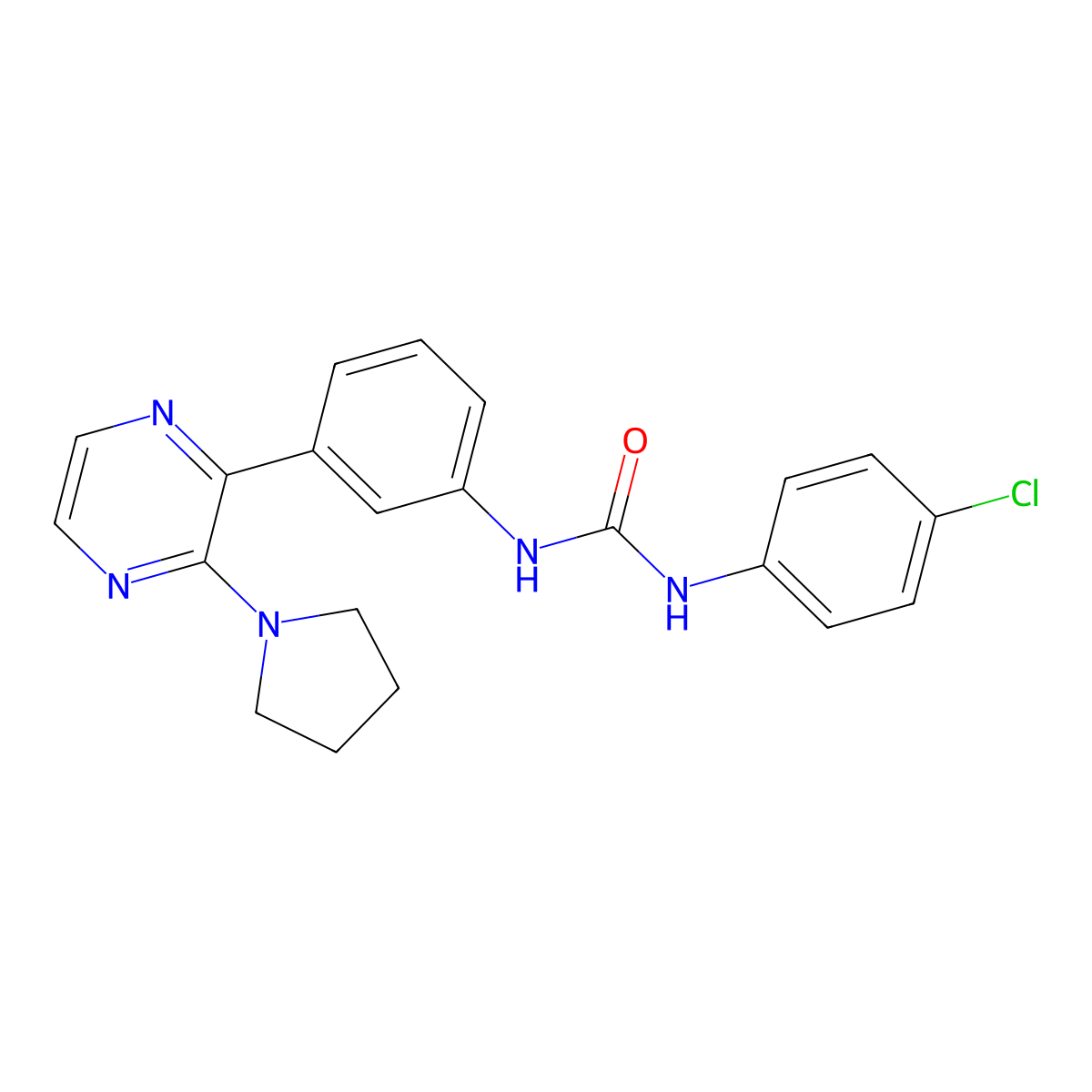 N-(4-chlorophenyl)-N'-[3-(3-pyrrolidin-1-ylpyrazin-2-yl)phenyl]urea molecular structure, CAS 1340996-98-6