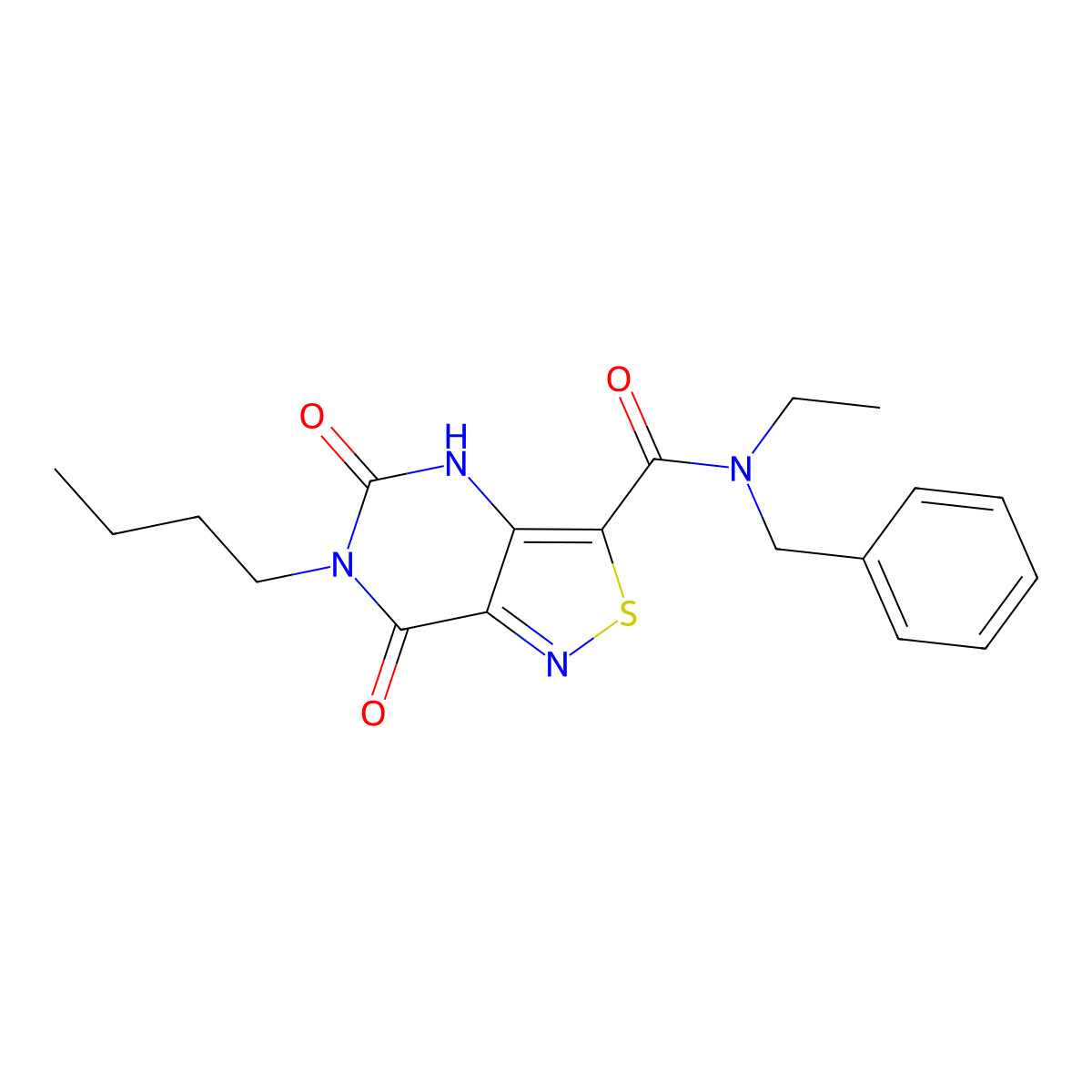 N-benzyl-6-butyl-N-ethyl-5,7-dioxo-4H,5H,6H,7H-[1,2]thiazolo[4,3-d]pyrimidine-3-carboxamide molecular structure, CAS 1341005-12-6