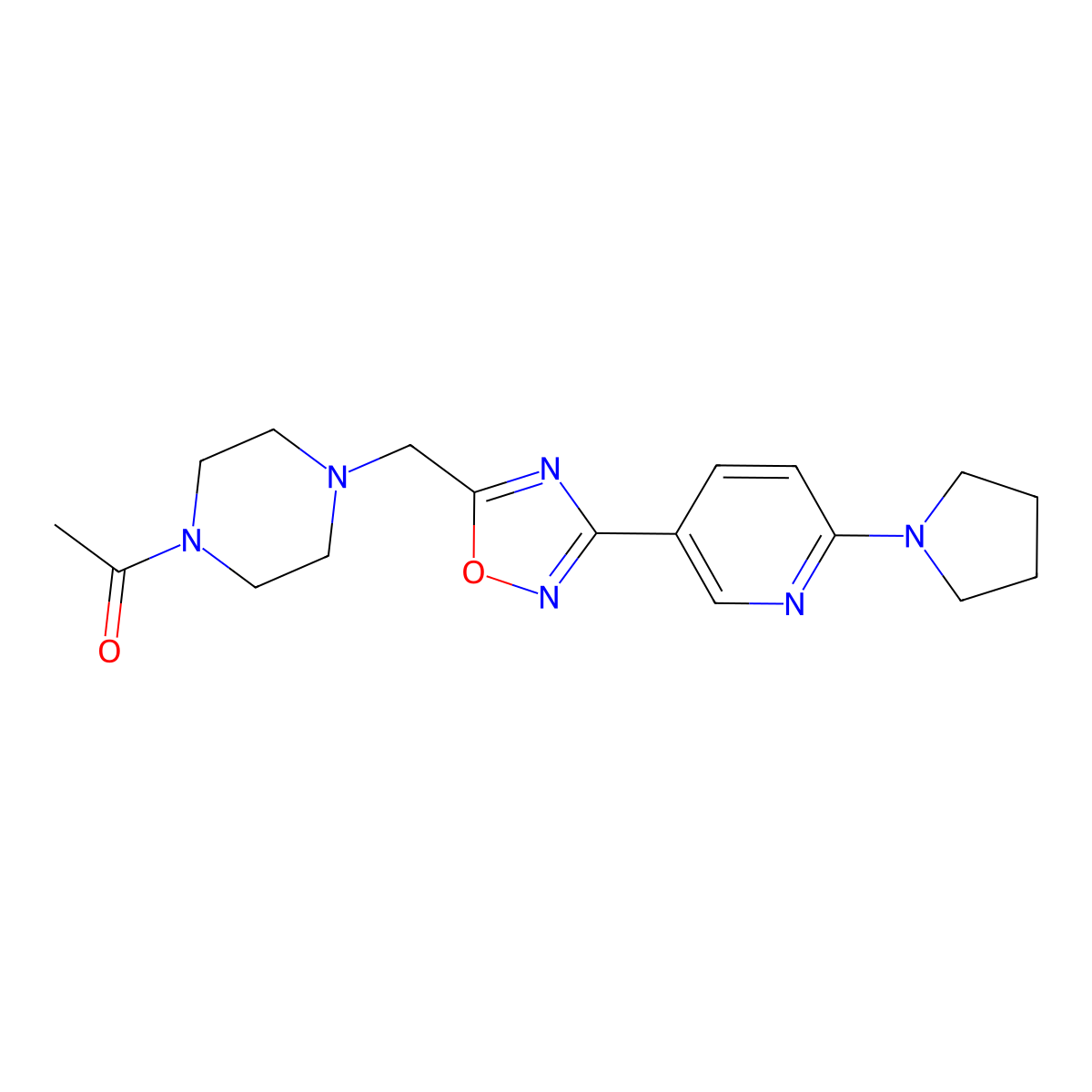 1-[4-({3-[6-(1-Pyrrolidinyl)-3-pyridyl]-1,2,4-oxadiazol-5-yl}methyl)piperazino]-1-ethanone molecular structure, CAS 1341006-41-4