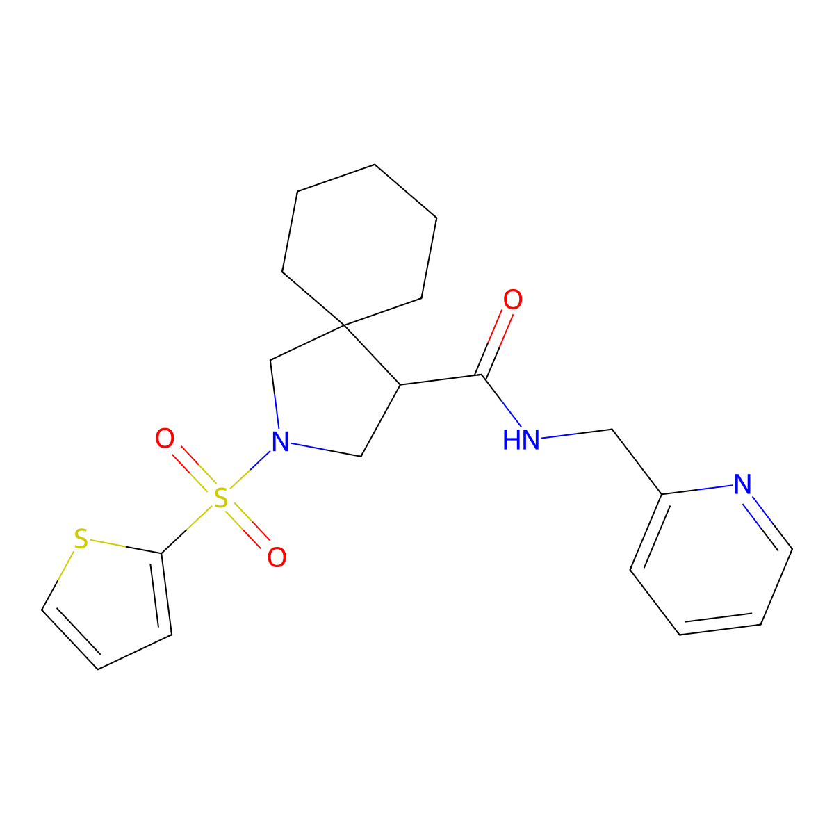 N-(Pyridin-2-ylmethyl)-2-(thiophen-2-ylsulfonyl)-2-azaspiro[4.5]decane-4-carboxamide molecular structure, CAS 1341008-68-1