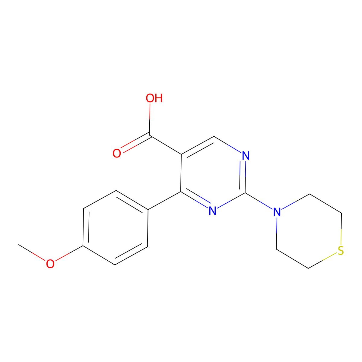4-(4-Methoxyphenyl)-2-thiomorpholin-4-ylpyrimidine-5-carboxylic acid molecular structure, CAS 1341025-19-1
