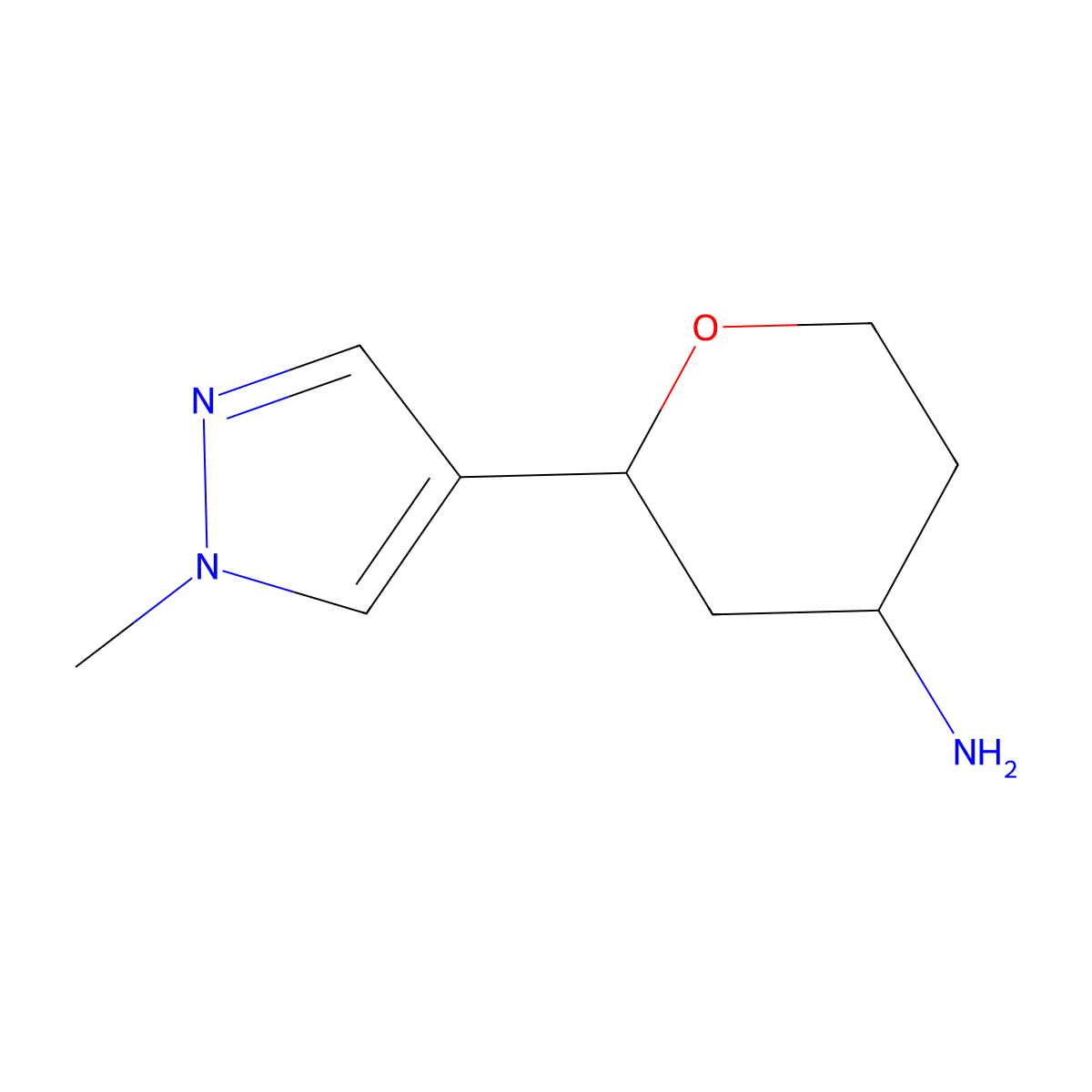 2-(1-methyl-1H-pyrazol-4-yl)oxan-4-amine molecular structure, CAS 1341074-26-7