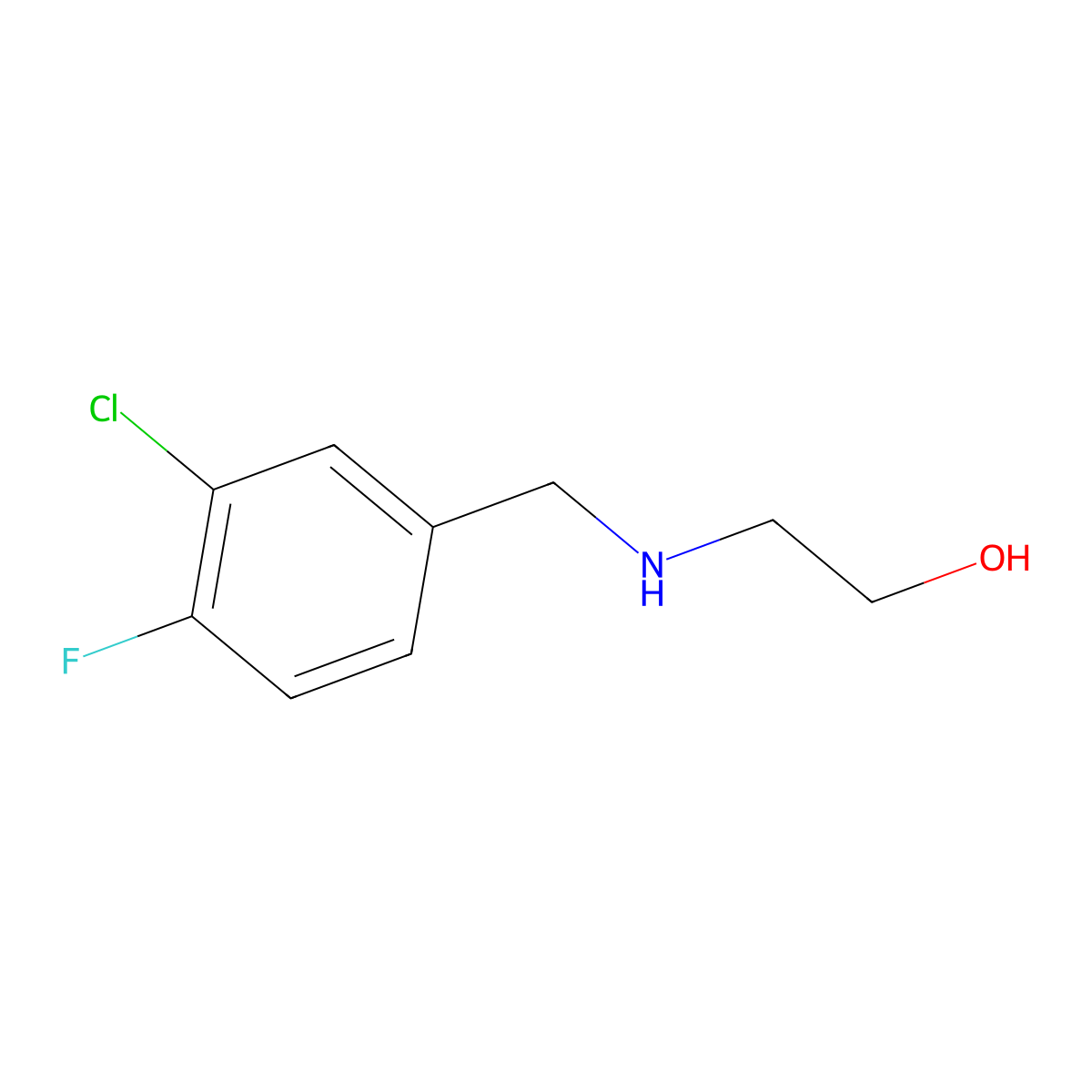 2-{[(3-Chloro-4-fluorophenyl)methyl]amino}ethan-1-ol molecular structure, CAS 1341166-71-9