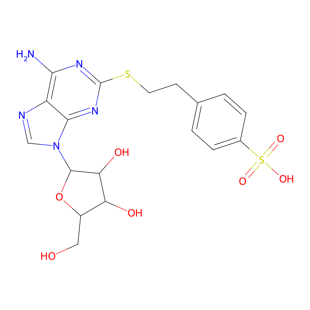 4-[2-[6-amino-9-[(2R,3R,4S,5R)-3,4-dihydroxy-5-(hydroxymethyl)oxolan-2-yl]purin-2-yl]sulfanylethyl]benzenesulfonic acid molecular structure, CAS 1341190-47-3