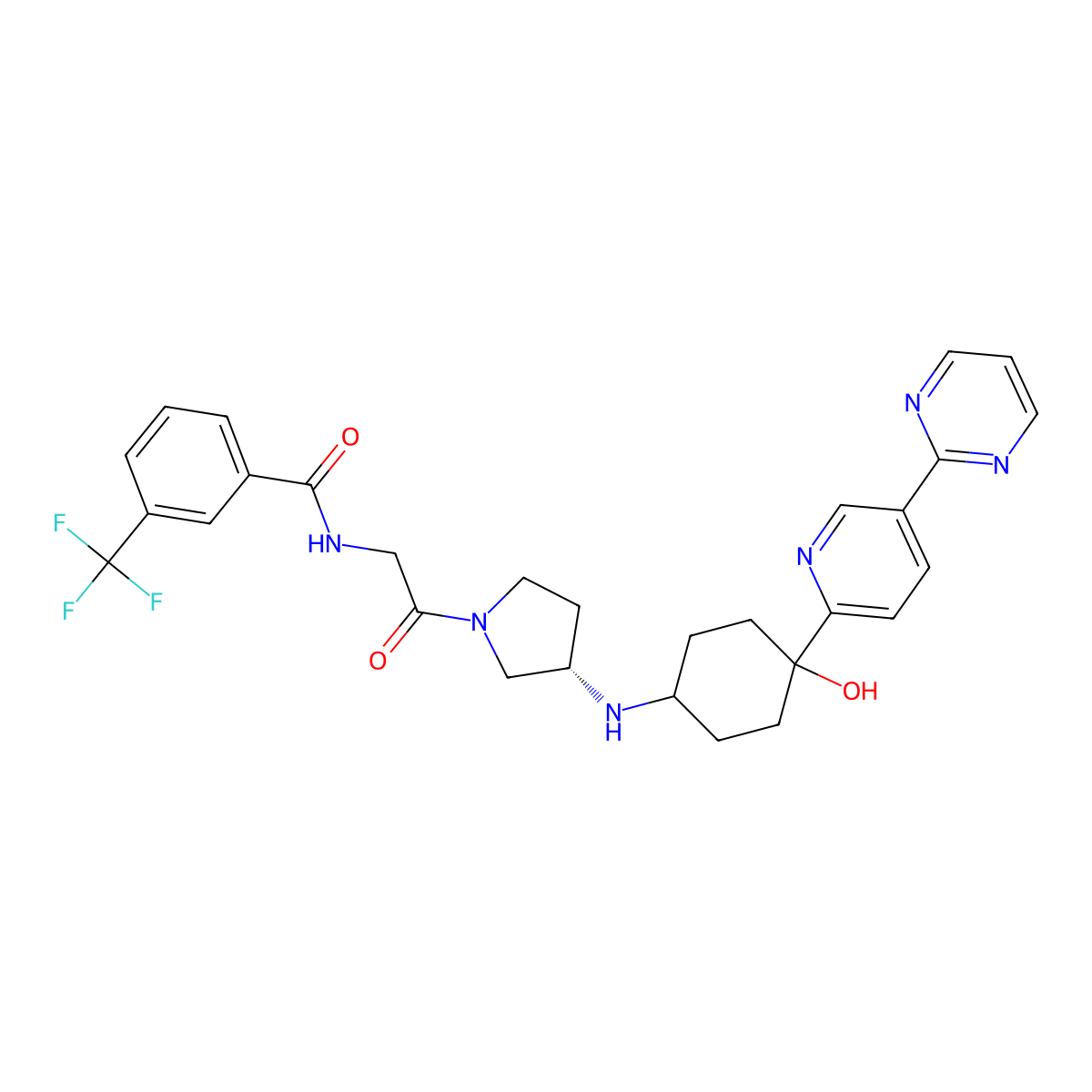 N-[2-[(3S)-3-[[4-hydroxy-4-(5-pyrimidin-2-ylpyridin-2-yl)cyclohexyl]amino]pyrrolidin-1-yl]-2-oxoethyl]-3-(trifluoromethyl)benzamide molecular structure, CAS 1341224-83-6