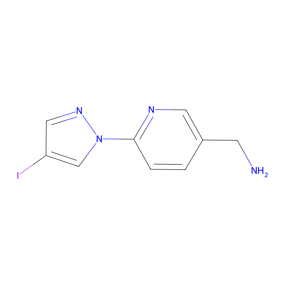 (6-(4-Iodo-1H-pyrazol-1-yl)pyridin-3-yl)methanamine molecular structure, CAS 1341365-38-5