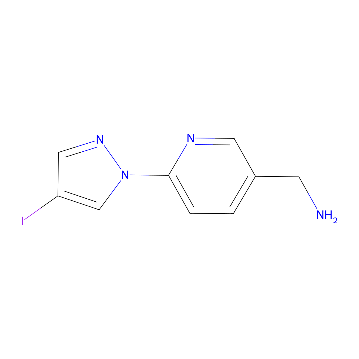 (6-(4-Iodo-1H-pyrazol-1-yl)pyridin-3-yl)methanamine molecular structure, CAS 1341365-38-5