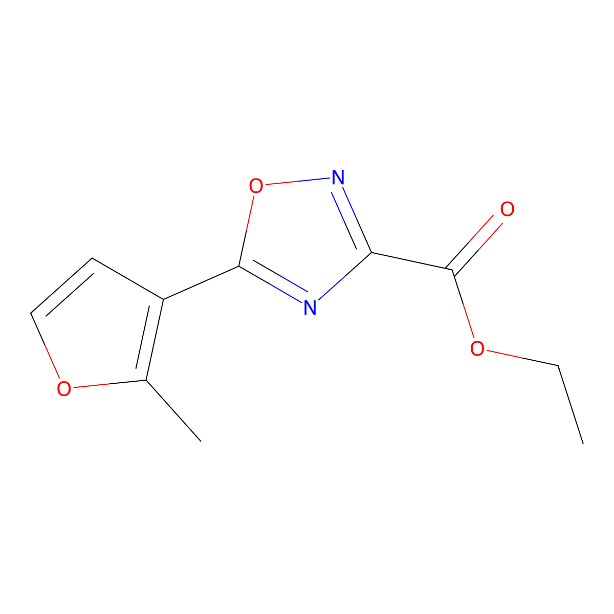 Ethyl 5-(2-methylfuran-3-yl)-1,2,4-oxadiazole-3-carboxylate molecular structure, CAS 1341377-02-3