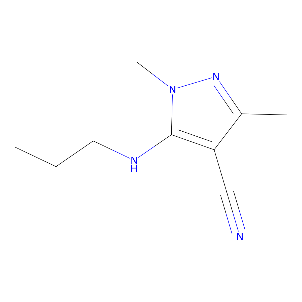 1,3-dimethyl-5-(propylamino)-1H-pyrazole-4-carbonitrile molecular structure, CAS 1341380-29-7