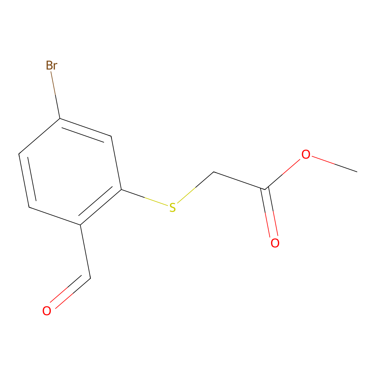 Methyl 2-((5-bromo-2-formylphenyl)thio)acetate molecular structure, CAS 1341391-39-6