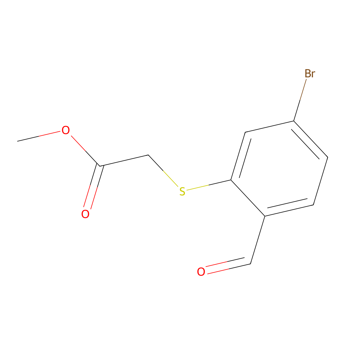 Methyl 2-((5-bromo-2-formylphenyl)thio)acetate molecular structure, CAS 1341391-39-6
