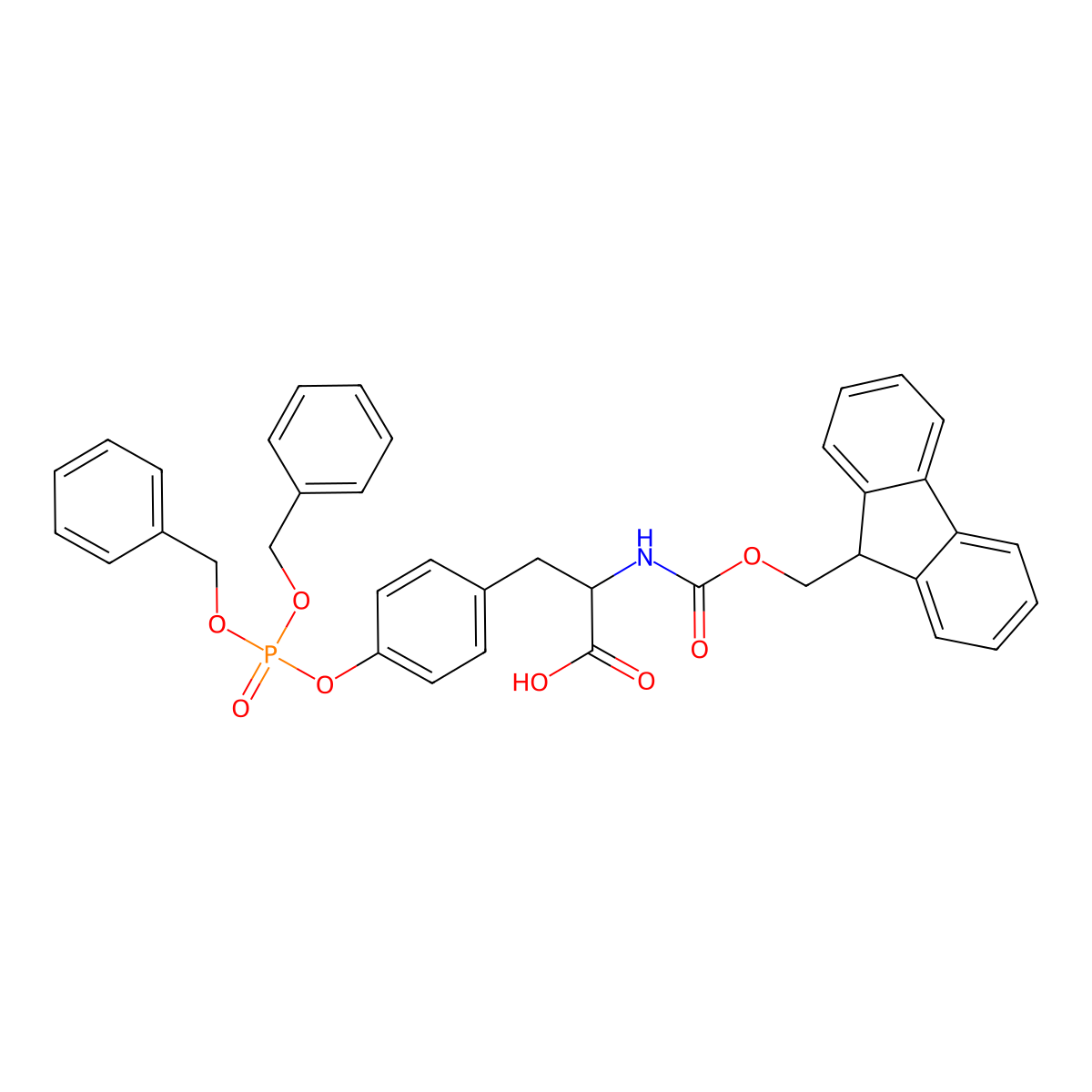 (2S)-3-(4-((bis(benzyloxy)phosphoryl)oxy)phenyl)-2-((((9H-fluoren-9-yl)methoxy)carbonyl)amino)propanoic acid molecular structure, CAS 134150-51-9