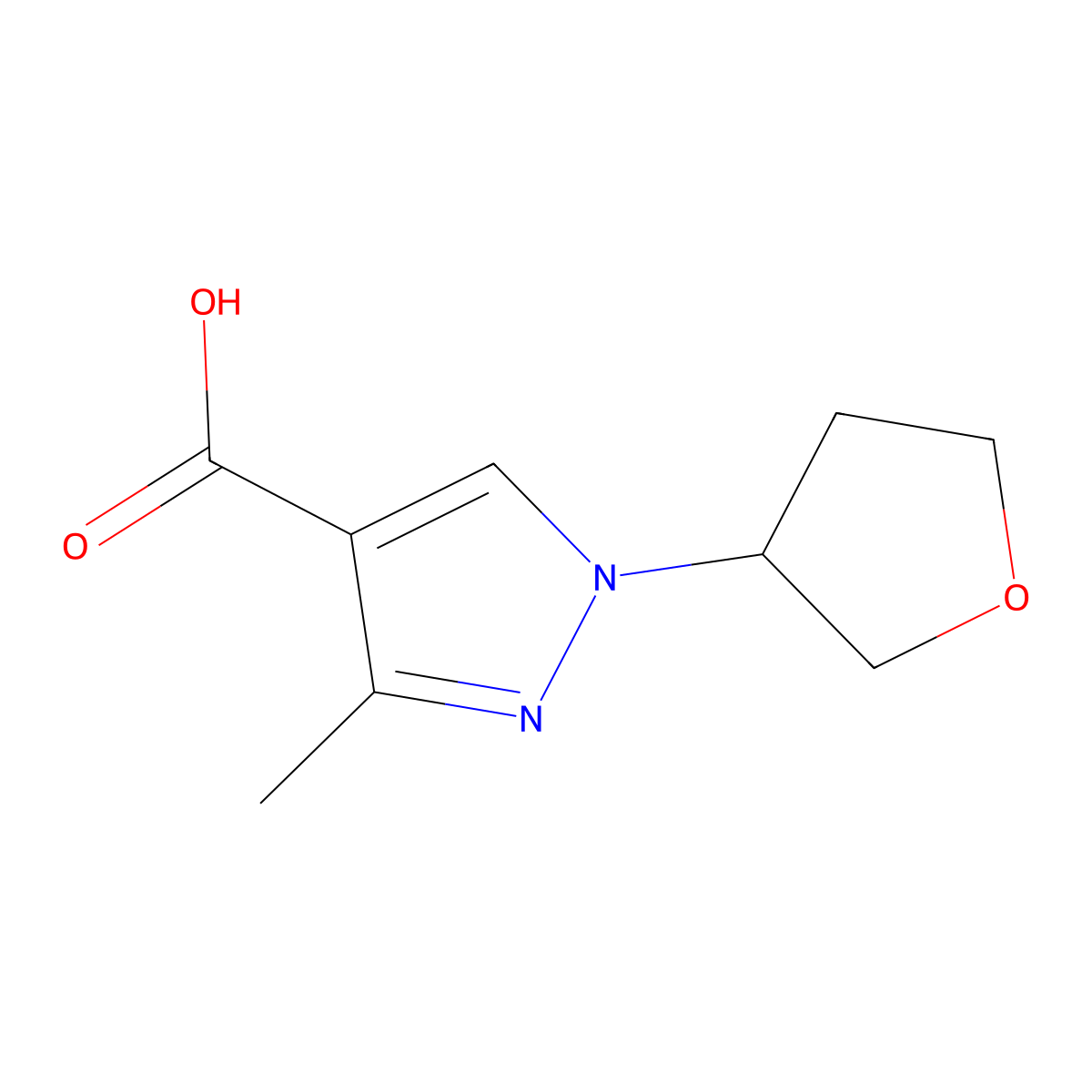 3-methyl-1-(oxolan-3-yl)-1H-pyrazole-4-carboxylic acid molecular structure, CAS 1341513-43-6